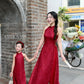 Linh Vy - Mom and Daughter Red Lace Sparkle Yem-Inspired Ao Dai Set