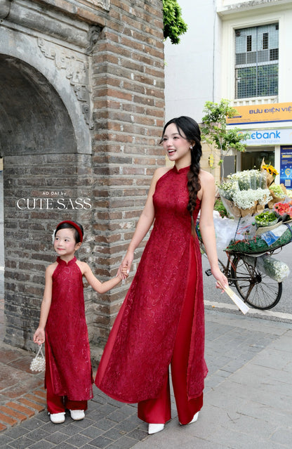 Linh Vy - Mom and Daughter Red Lace Sparkle Yem-Inspired Ao Dai Set, 6C