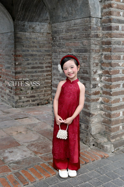 Linh Vy - Mom and Daughter Red Lace Sparkle Yem-Inspired Ao Dai Set, 6C