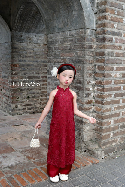 Linh Vy - Mom and Daughter Red Lace Sparkle Yem-Inspired Ao Dai Set, 6C