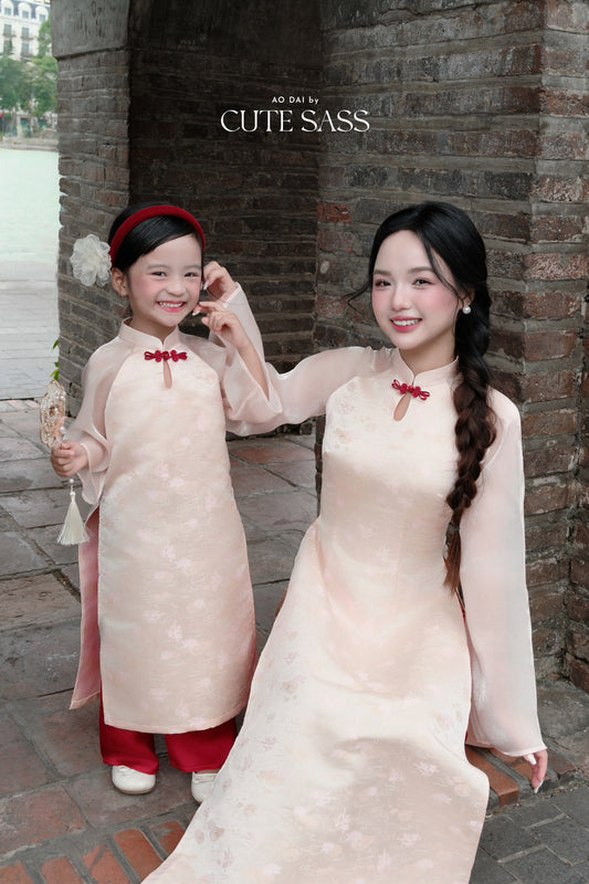 Linh Vy - Mom and Daughter Haze Cream Teardrop Cutout Red Knot Ao Dai Set