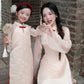 Linh Vy - Mom and Daughter Haze Cream Teardrop Cutout Red Knot Ao Dai Set