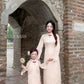 Linh Vy - Mom and Daughter Haze Cream Teardrop Cutout Red Knot Ao Dai Set