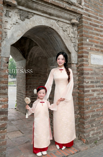 Linh Vy - Mom and Daughter Haze Blush Teardrop Cutout Red Knot Ao Dai Set 17C