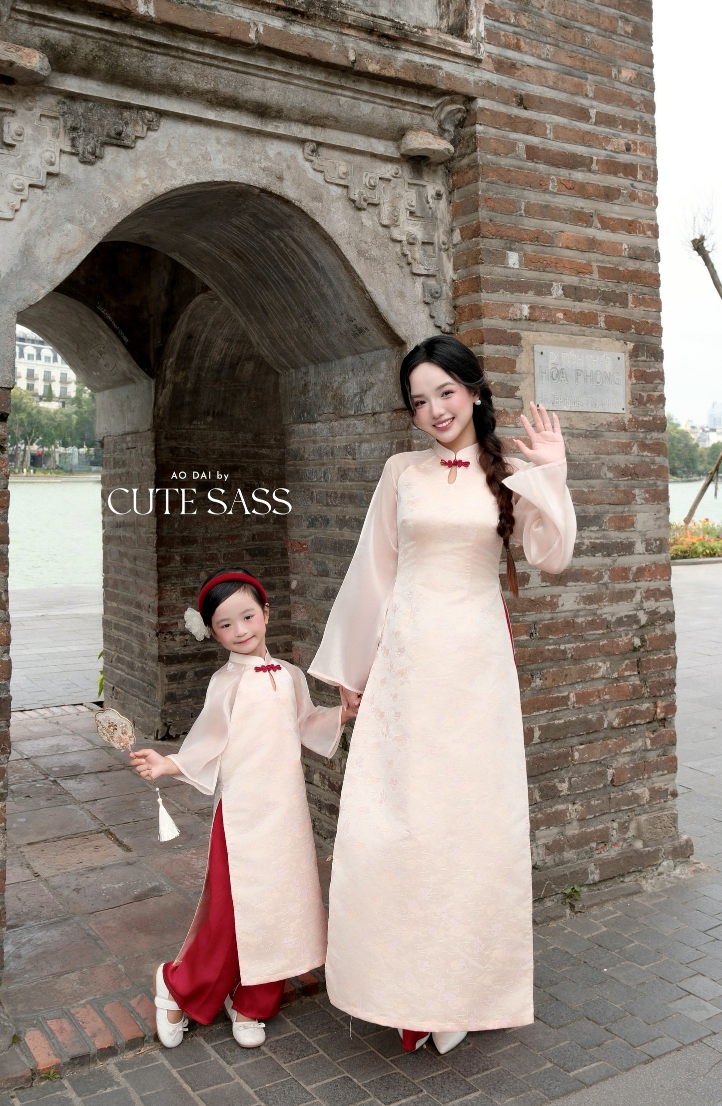 Linh Vy - Mom and Daughter Haze Cream Teardrop Cutout Red Knot Ao Dai Set