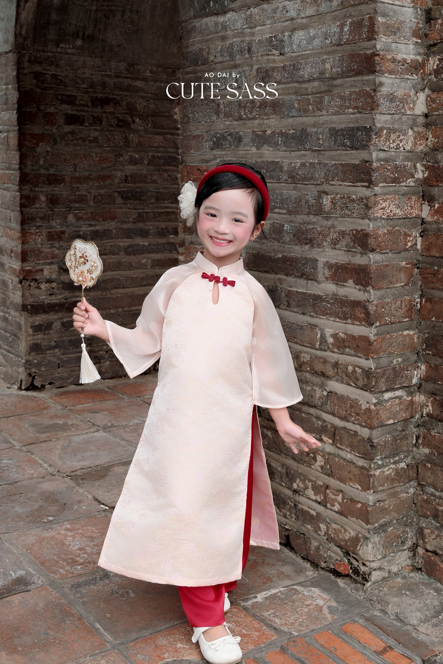 Linh Vy - Mom and Daughter Haze Cream Teardrop Cutout Red Knot Ao Dai Set
