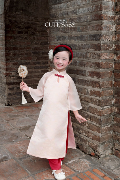 Linh Vy - Mom and Daughter Haze Blush Teardrop Cutout Red Knot Ao Dai Set 17C