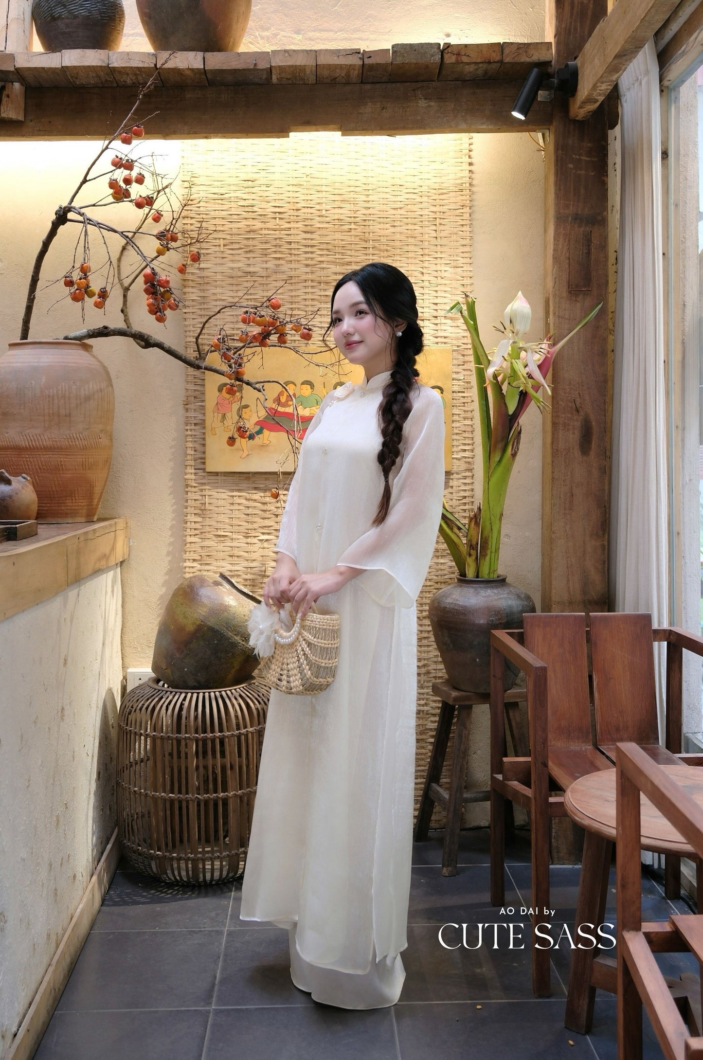 Lâm Anh - Cream Front Slit Rose Chiffon Ao Dai Top Only, NO PANTS