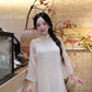 Lâm Anh - Cream Front Slit Rose Chiffon Ao Dai Top Only, NO PANTS