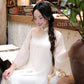 Lâm Anh - Cream Front Slit Rose Chiffon Ao Dai Top Only, NO PANTS