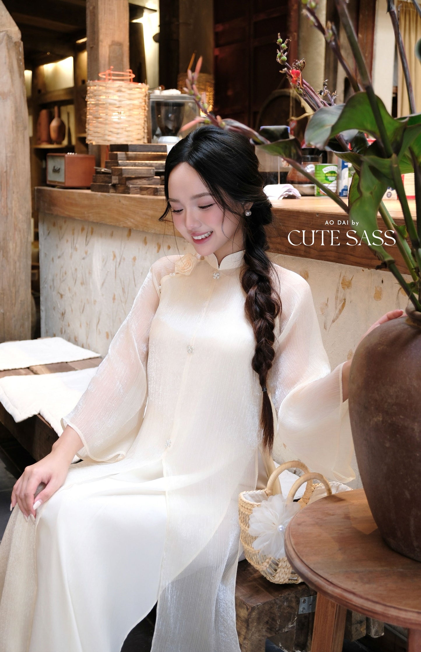 Lâm Anh - Cream Front Slit Rose Chiffon Ao Dai Top Only, NO PANTS