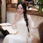 Lâm Anh - Cream Front Slit Rose Chiffon Ao Dai Top Only, NO PANTS