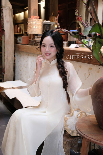 Lâm Anh - Cream Front Slit Shifted Rose Chiffon Ao Dai Top Only, NO PANTS 28A