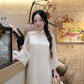 Lâm Anh - Cream Front Slit Rose Chiffon Ao Dai Top Only, NO PANTS