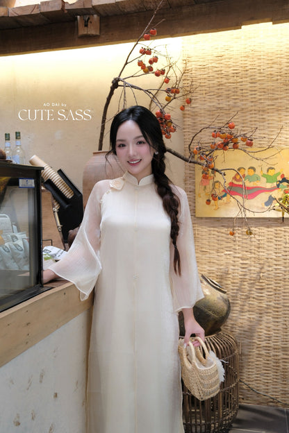 Lâm Anh - Cream Front Slit Shifted Rose Chiffon Ao Dai Top Only, NO PANTS 28A