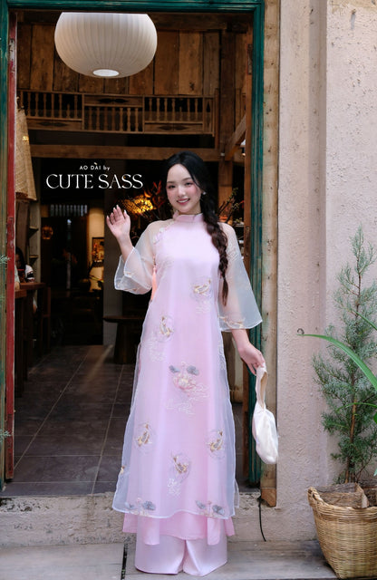 Lâm Anh - Fleur Pink Shifted Asymmetrical High Collar Embroidery Lotus Koi Chiffon Ao Dai Top Only, NO PANTS - 36B