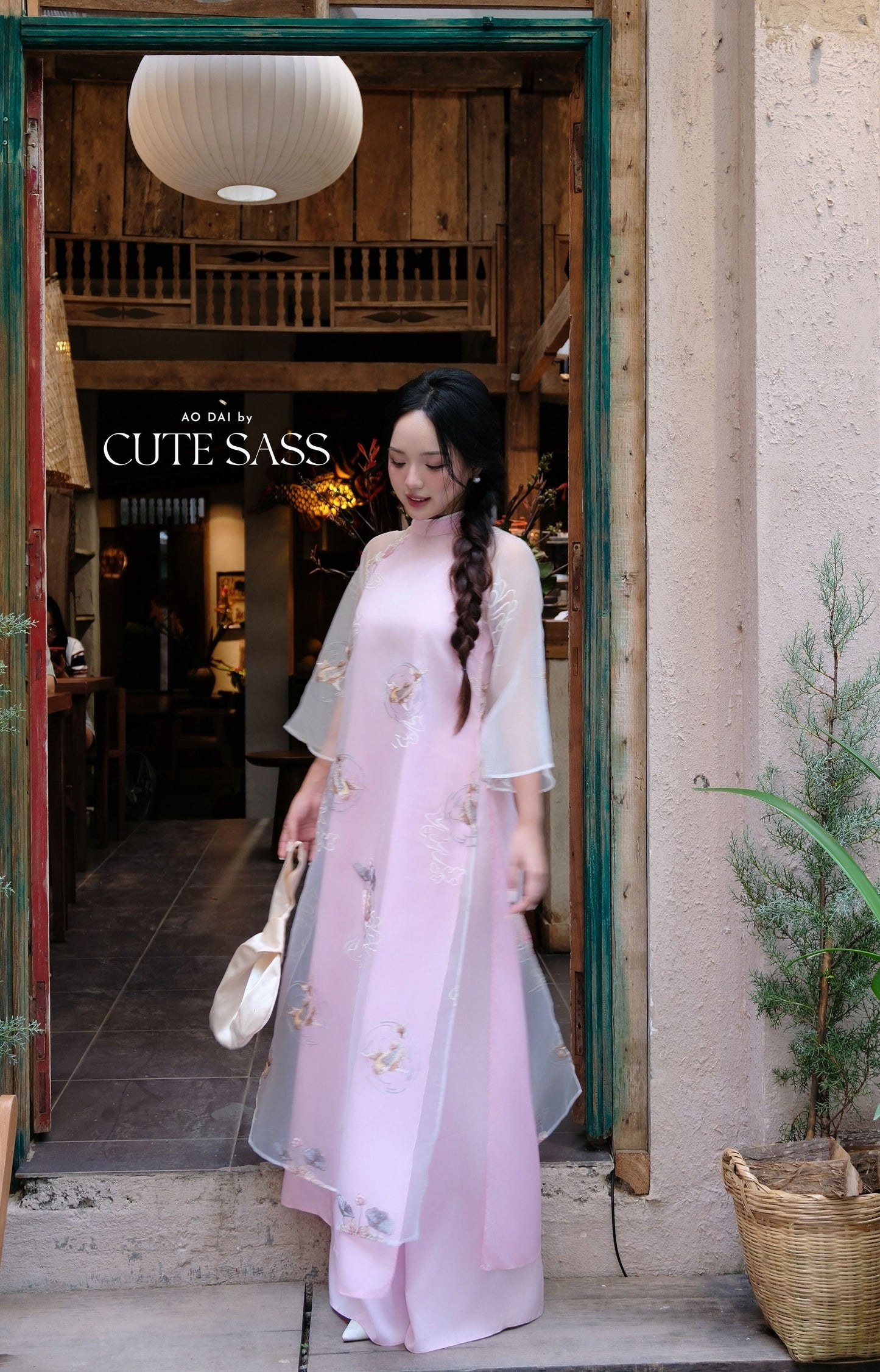 Lâm Anh - Fleur Pink Asymmetrical High Collar Embroidery Lotus Koi Chiffon Ao Dai Top Only, NO PANTS