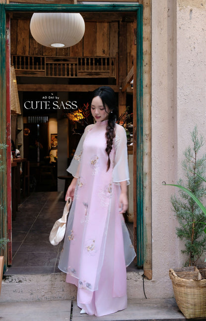 Lâm Anh - Fleur Pink Shifted Asymmetrical High Collar Embroidery Lotus Koi Chiffon Ao Dai Top Only, NO PANTS - 36B