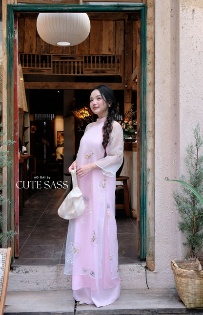 Lâm Anh - Fleur Pink Shifted Asymmetrical High Collar Embroidery Lotus Koi Chiffon Ao Dai Top Only, NO PANTS - 36B