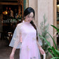 Lâm Anh - Fleur Pink Asymmetrical High Collar Embroidery Lotus Koi Chiffon Ao Dai Top Only, NO PANTS