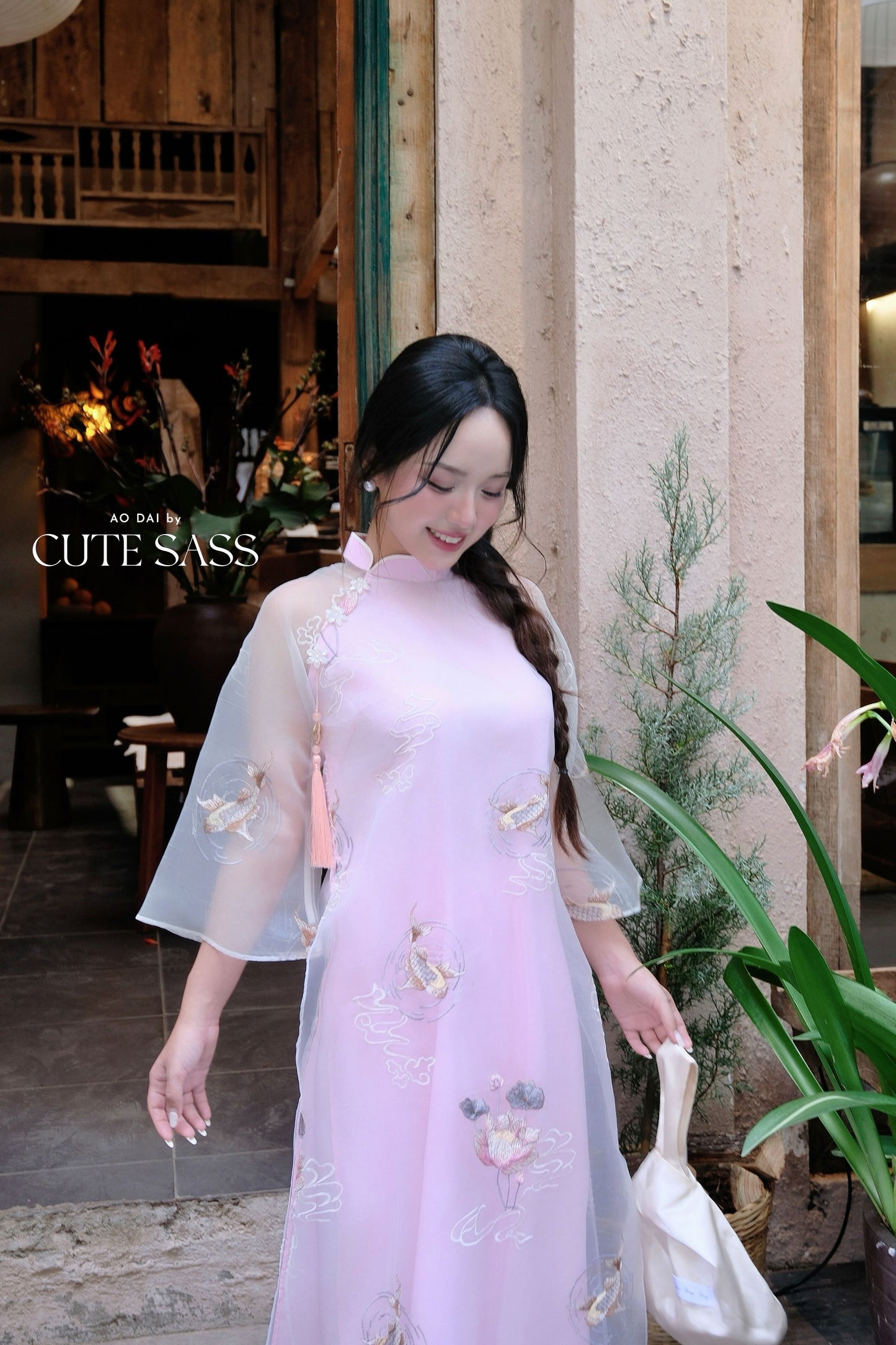 Lâm Anh - Fleur Pink Asymmetrical High Collar Embroidery Lotus Koi Chiffon Ao Dai Top Only, NO PANTS