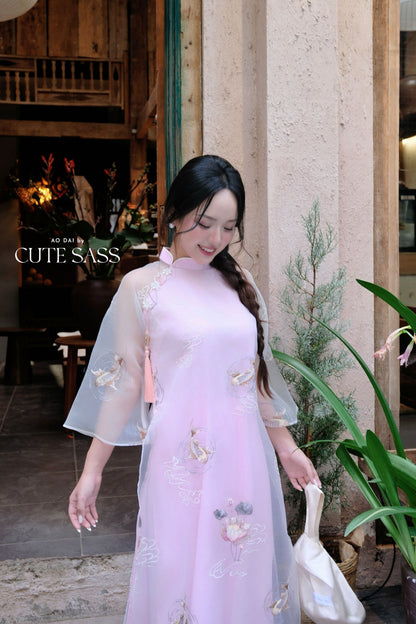 Lâm Anh - Fleur Pink Shifted Asymmetrical High Collar Embroidery Lotus Koi Chiffon Ao Dai Top Only, NO PANTS - 36B