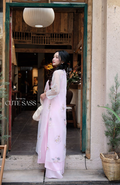Lâm Anh - Fleur Pink Shifted Asymmetrical High Collar Embroidery Lotus Koi Chiffon Ao Dai Top Only, NO PANTS - 36B