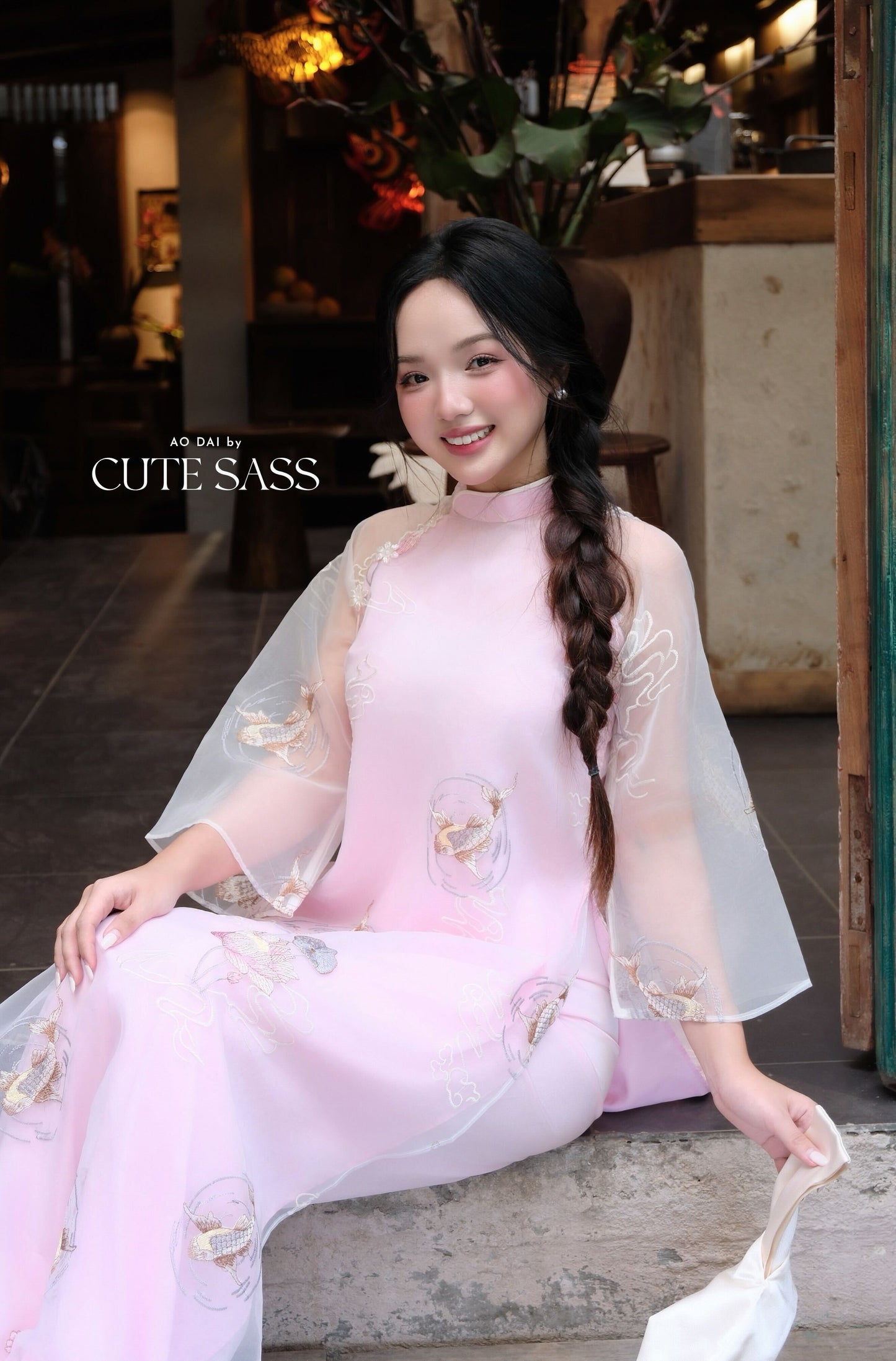 Lâm Anh - Fleur Pink Asymmetrical High Collar Embroidery Lotus Koi Chiffon Ao Dai Top Only, NO PANTS