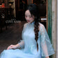 Lâm Anh - Rosette Blue High Collar Embroidery Chrysanthemum Bow Sleeves Pearls Ao Dai Top Only, NO PANTS