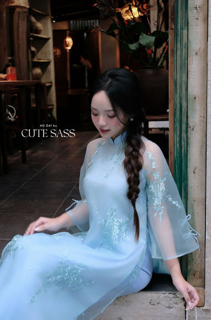 Lâm Anh - Rosette Blue Shifted High Collar Embroidery Chrysanthemum Bow Sleeves Pearls Ao Dai Top Only, NO PANTS 26B