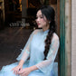 Lâm Anh - Rosette Blue High Collar Embroidery Chrysanthemum Bow Sleeves Pearls Ao Dai Top Only, NO PANTS