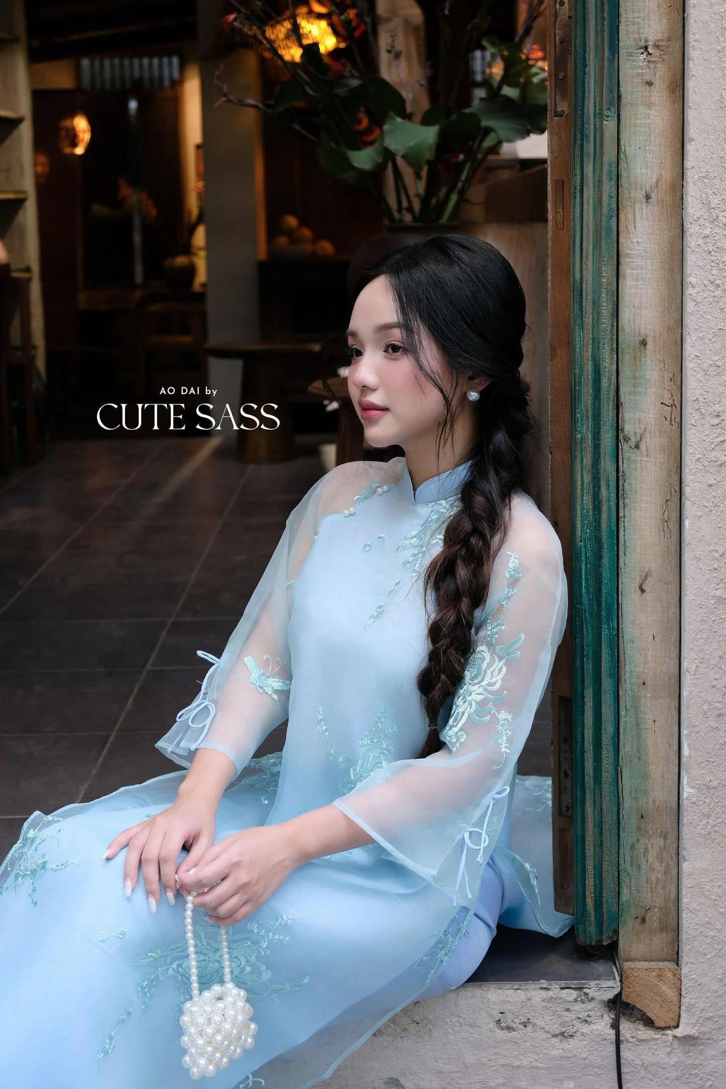Lâm Anh - Rosette Blue High Collar Embroidery Chrysanthemum Bow Sleeves Pearls Ao Dai Top Only, NO PANTS