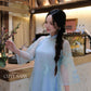 Lâm Anh - Rosette Blue High Collar Embroidery Chrysanthemum Bow Sleeves Pearls Ao Dai Top Only, NO PANTS