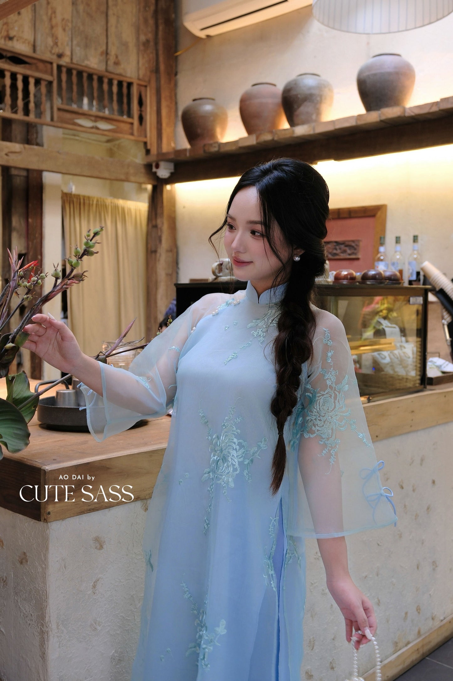 Lâm Anh - Rosette Blue High Collar Embroidery Chrysanthemum Bow Sleeves Pearls Ao Dai Top Only, NO PANTS