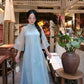 Lâm Anh - Rosette Blue High Collar Embroidery Chrysanthemum Bow Sleeves Pearls Ao Dai Top Only, NO PANTS