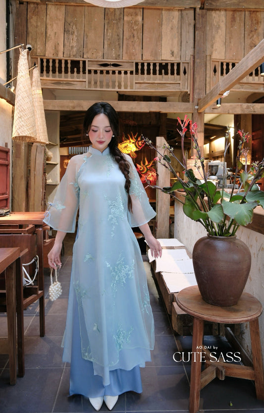 Lâm Anh - Rosette Blue High Collar Embroidery Chrysanthemum Bow Sleeves Pearls Ao Dai Top Only, NO PANTS