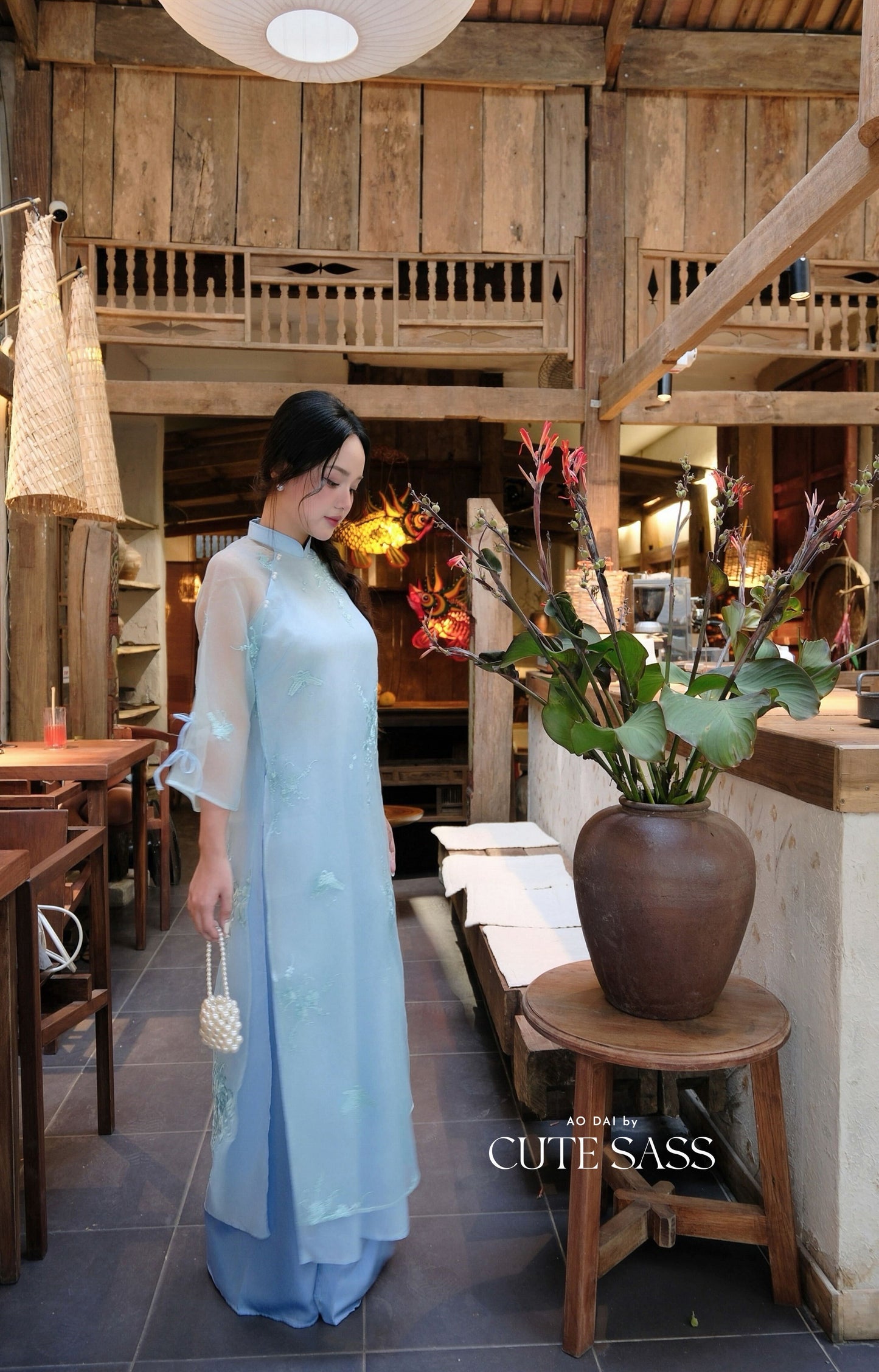 Lâm Anh - Rosette Blue High Collar Embroidery Chrysanthemum Bow Sleeves Pearls Ao Dai Top Only, NO PANTS