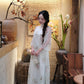 Lâm Anh - Fleur Cream Asymmetrical High Collar Embroidery Lotus Koi Chiffon Ao Dai Top Only, NO PANTS