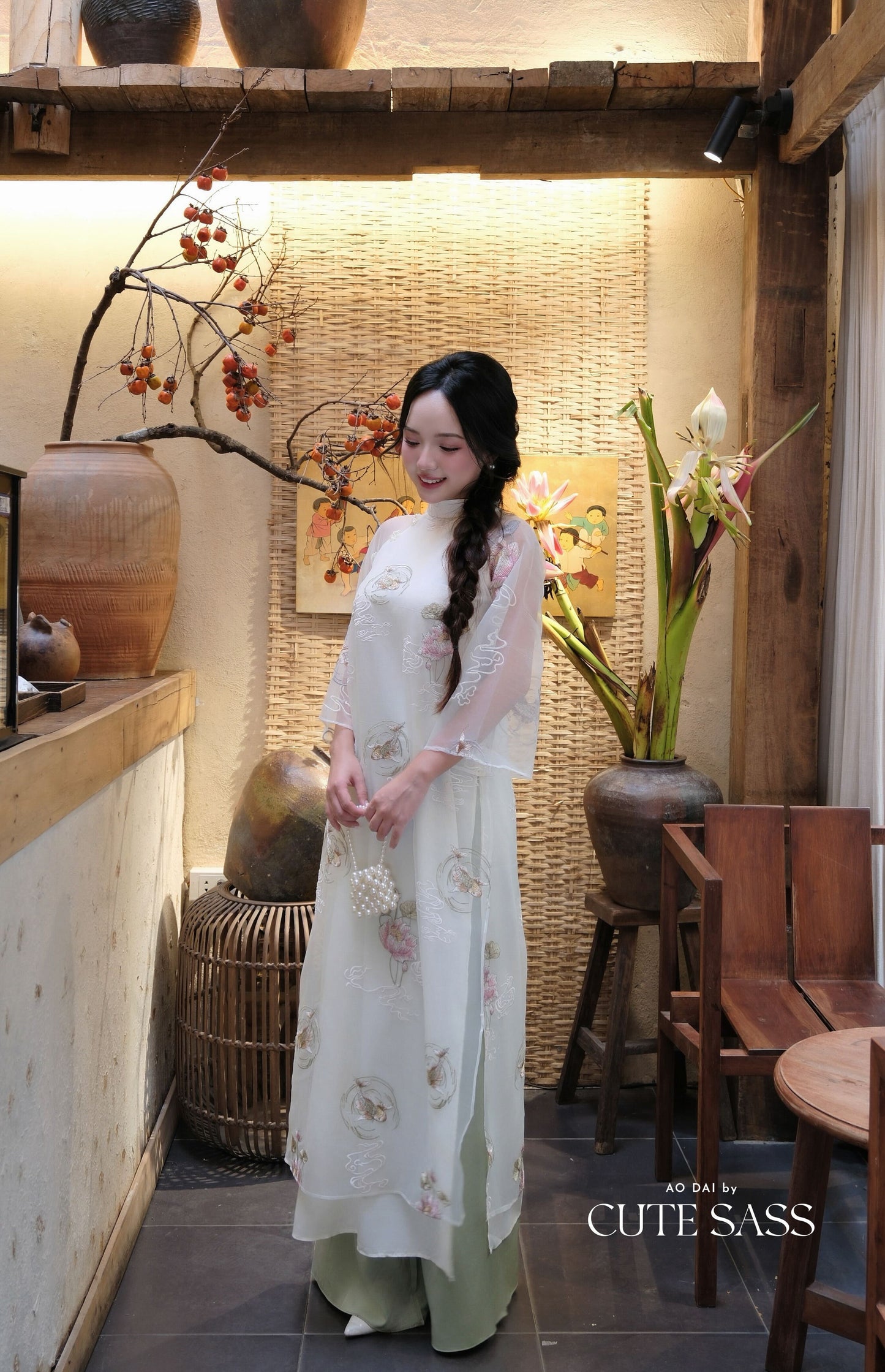 Lâm Anh - Fleur Cream Asymmetrical High Collar Embroidery Lotus Koi Chiffon Ao Dai Top Only, NO PANTS