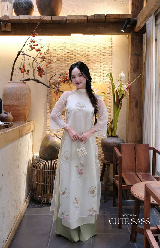 Lâm Anh - Fleur Cream Asymmetrical High Collar Embroidery Lotus Koi Chiffon Ao Dai Top Only, NO PANTS
