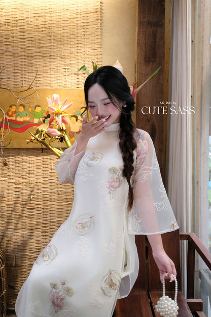 Lâm Anh - Fleur Cream Shifted Asymmetrical High Collar Embroidery Lotus Koi Chiffon Ao Dai Top Only, NO PANTS 36B