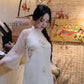 Lâm Anh - Fleur Cream Asymmetrical High Collar Embroidery Lotus Koi Chiffon Ao Dai Top Only, NO PANTS