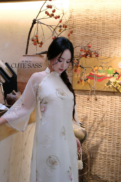 Lâm Anh - Fleur Cream Shifted Asymmetrical High Collar Embroidery Lotus Koi Chiffon Ao Dai Top Only, NO PANTS 36B