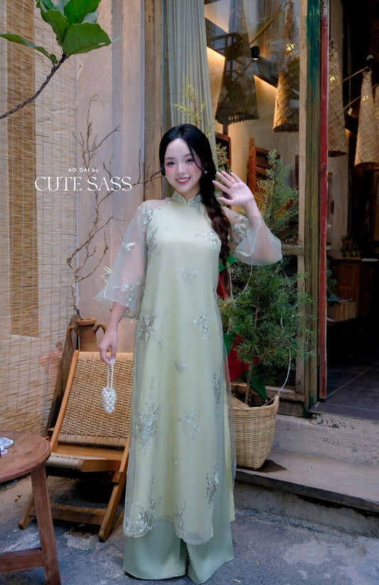 Lâm Anh - Rosette Light Green High Collar Embroidery Chrysanthemum Bow Sleeves Pearls Ao Dai Top Only, NO PANTS