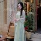 Lâm Anh - Rosette Light Green High Collar Embroidery Chrysanthemum Bow Sleeves Pearls Ao Dai Top Only, NO PANTS