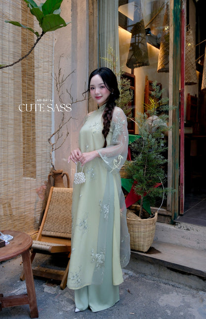 Lâm Anh - Rosette Light Green Shifted High Collar Embroidery Chrysanthemum Bow Sleeves Pearls Ao Dai Top Only, NO PANTS - 40B