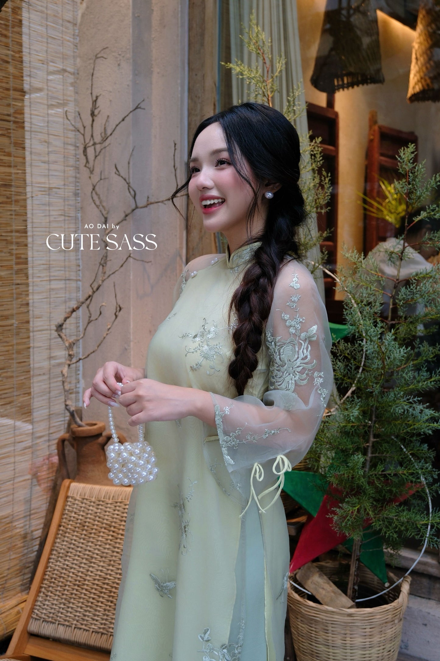 Lâm Anh - Rosette Light Green High Collar Embroidery Chrysanthemum Bow Sleeves Pearls Ao Dai Top Only, NO PANTS