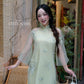 Lâm Anh - Rosette Light Green High Collar Embroidery Chrysanthemum Bow Sleeves Pearls Ao Dai Top Only, NO PANTS