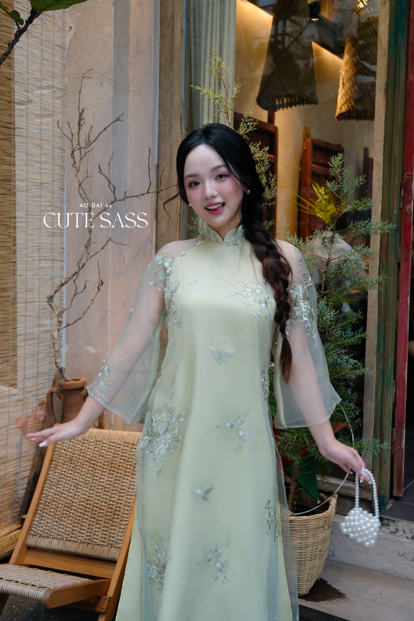 Lâm Anh - Rosette Light Green High Collar Embroidery Chrysanthemum Bow Sleeves Pearls Ao Dai Top Only, NO PANTS