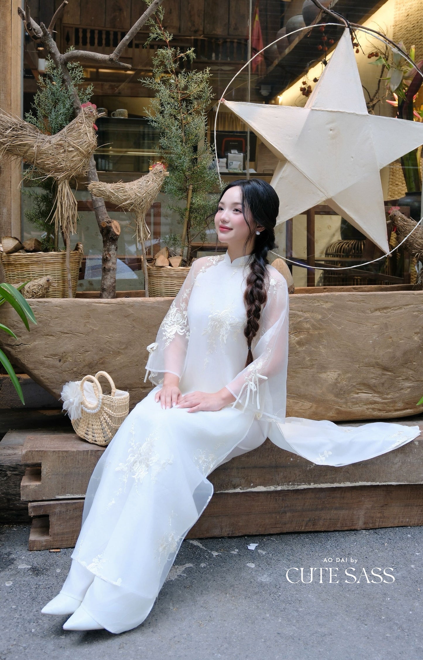 Lâm Anh - Rosette Cream High Collar Embroidery Chrysanthemum Bow Sleeves Pearls Ao Dai Top Only, NO PANTS